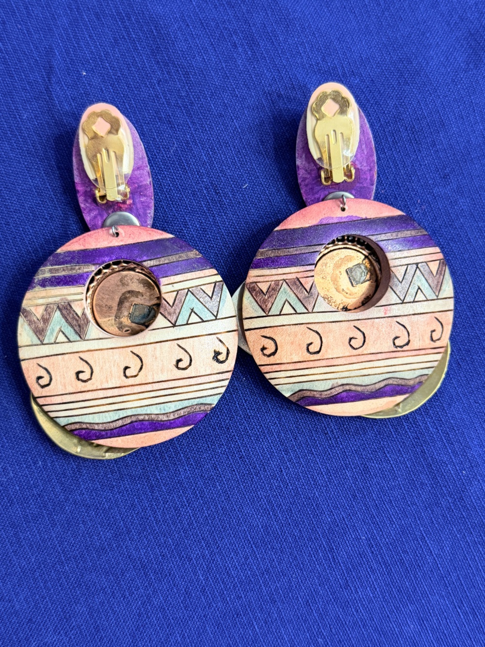 Hand-Painted Geometric Drop Earrings in Purple & Peach